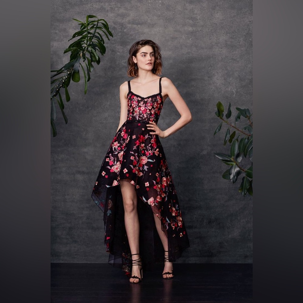 Marchesa notte Women's Black Embroidered High-low Flocked Tulle Gown Size 14